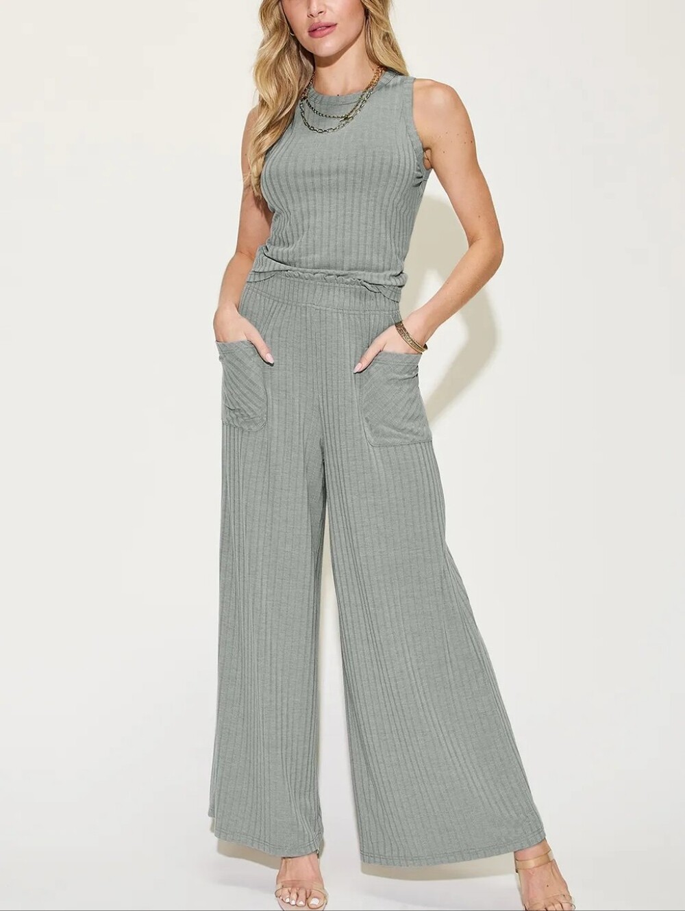 🌸Basic Bae Grey Ribbed Tank and Wide Leg Pants Set